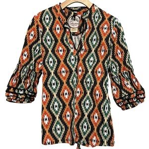 Almatrichi Women’s Size 40 S Black Orange Ikat Print Cotton Tie Back Blouse Top